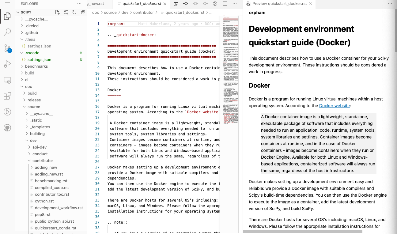 Gitpod workspace - Quickstart Docker rst file opened on the left and rendered version on the right group of the editor.