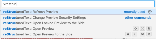 Gitpod VSCode editor - command palette expanded showing autocomplete options for "restruct"